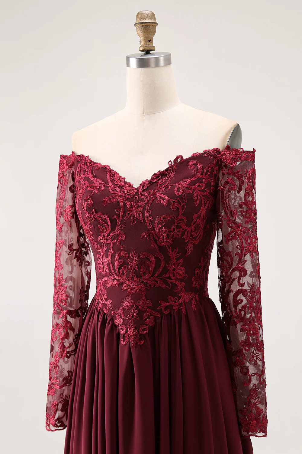 Cabernet Chiffon A Line Long Mother of the Bride Dress with Lace - VNBITS