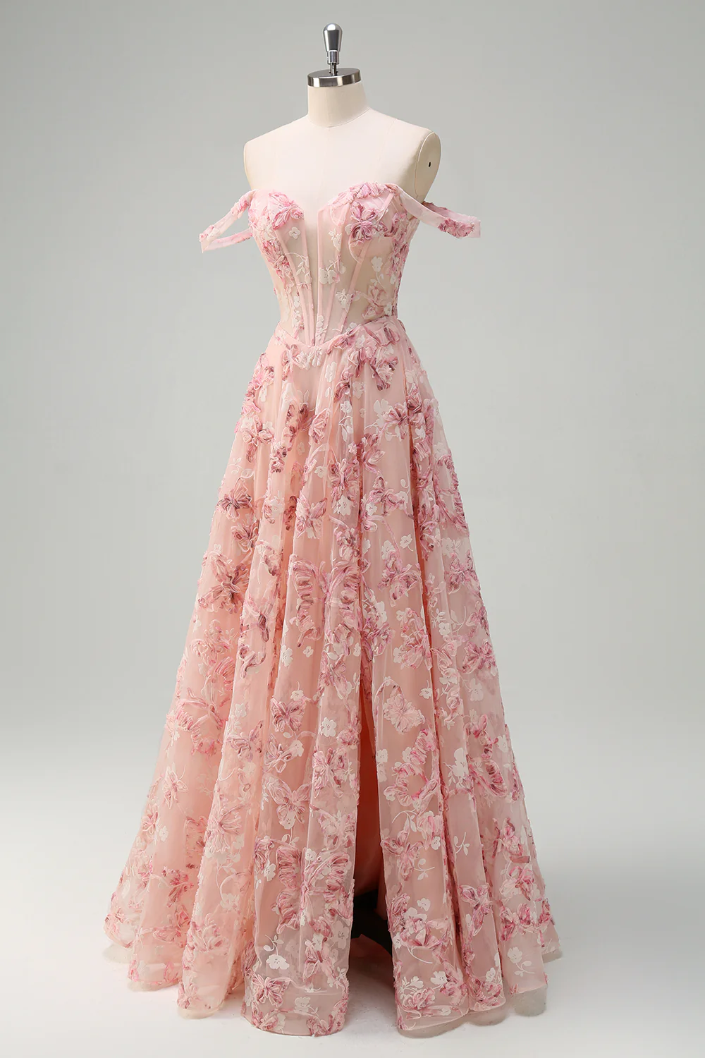 Pink Floral A-Line Off The Shoulder Long Prom Dress with Slit - VNBITS