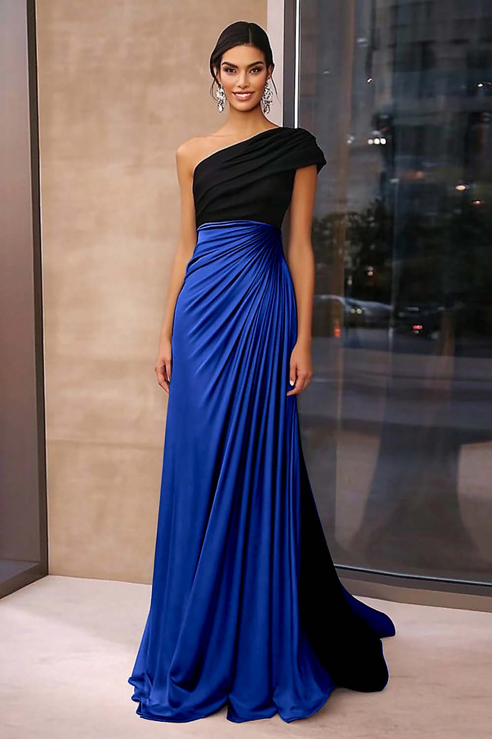Brown Crepe Sheath Ruched One Shoulder Gala Dress - VNBITS
