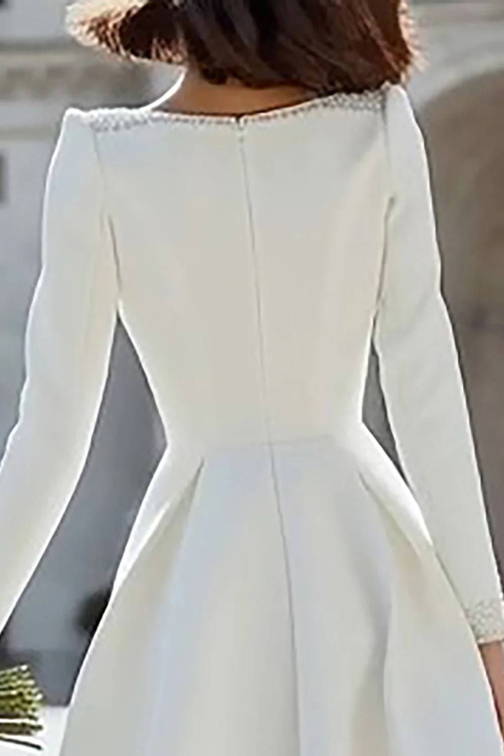 Sparkly Ivory A Line V-Neck Midi Engagement Dress with Sleeves - VNBITS