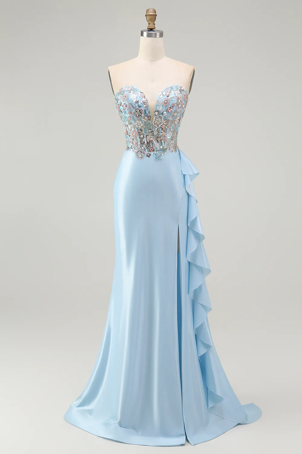 Sparkly Light Blue Mermaid Corset Beaded Long Prom Dress with Slit - VNBITS