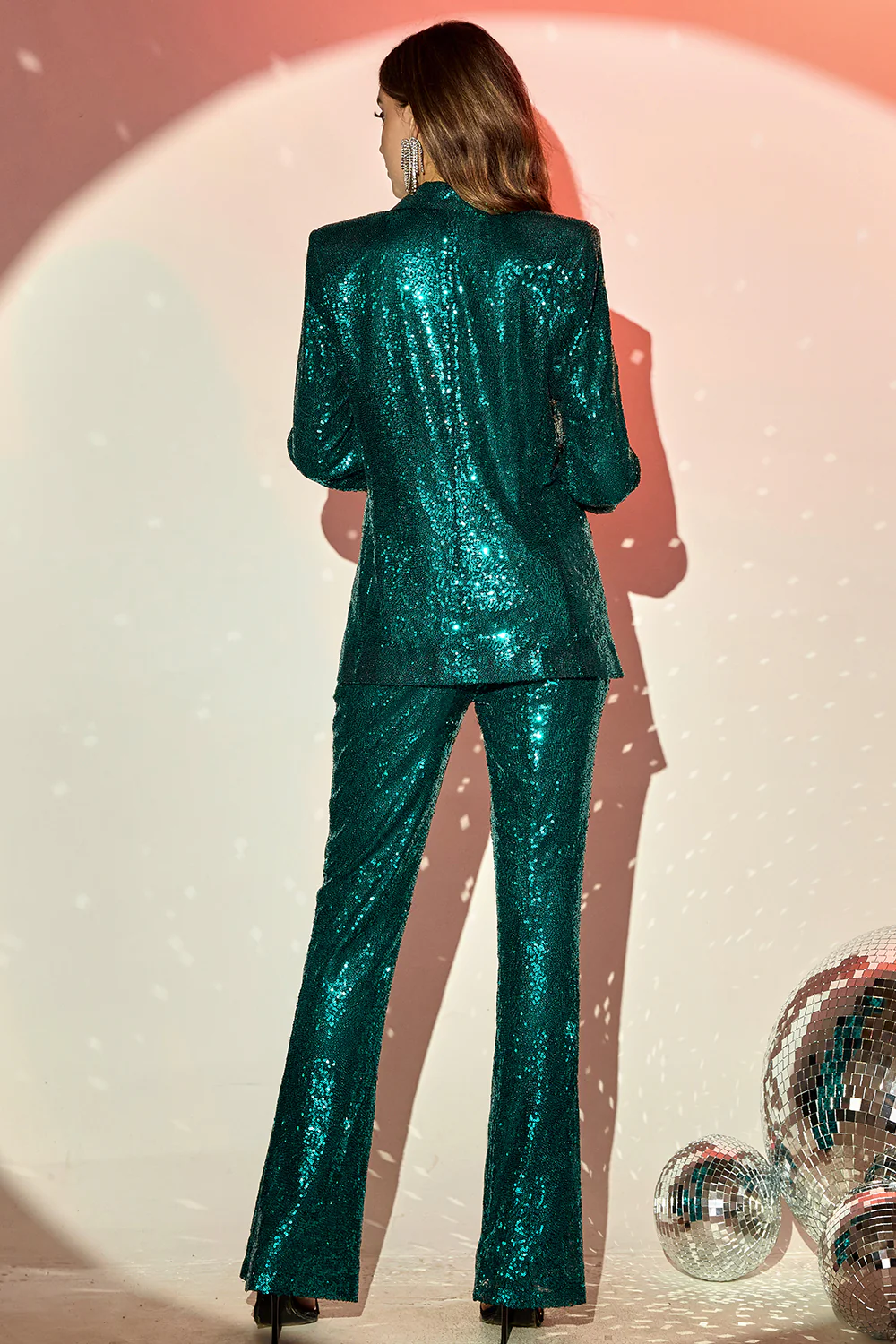 Sparkly Green Sequins Notched Lapel Women Suits with Belt - VNBITS