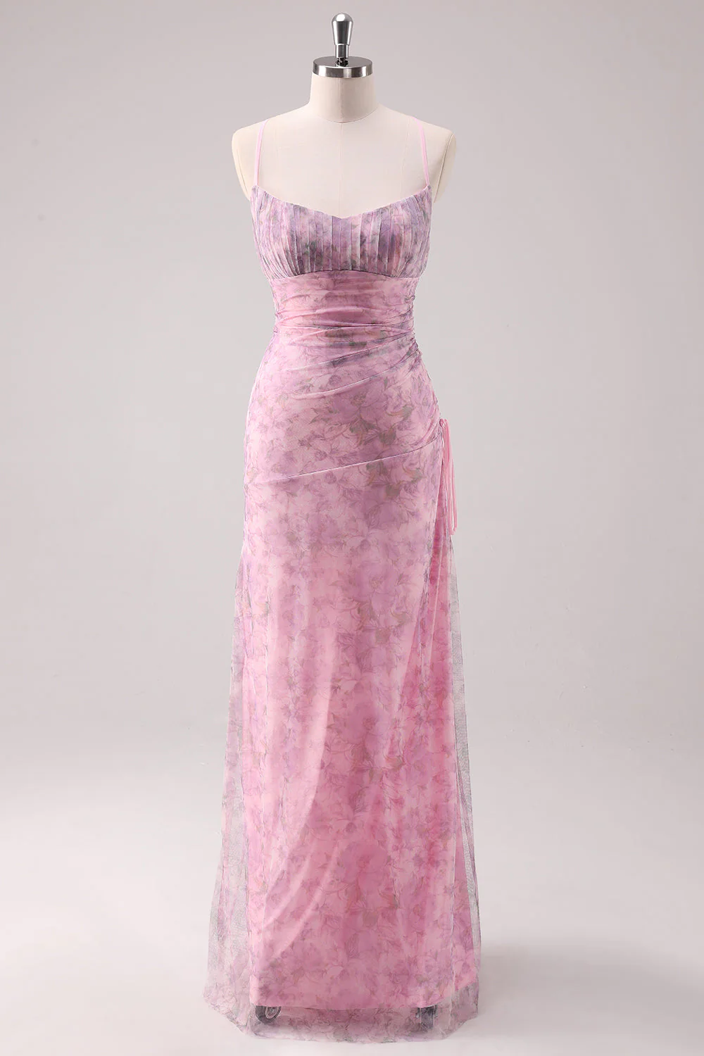 Pink Floral Spaghetti Straps Sheath Long Prom Dress - VNBITS