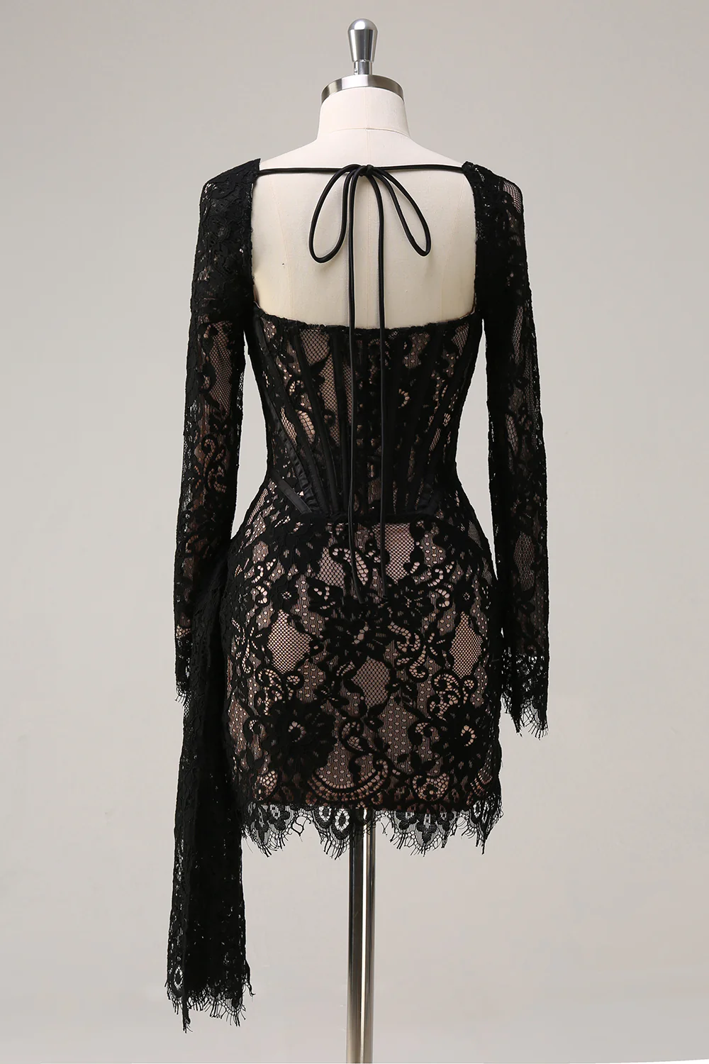 Black Sheath Corset Short Prom Dress with Long Sleeves - VNBITS