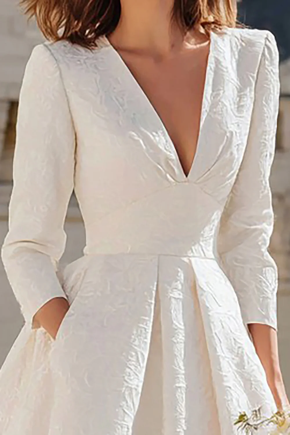 Ivory V-Neck A Line Midi Bridal Dress with Pockets - VNBITS