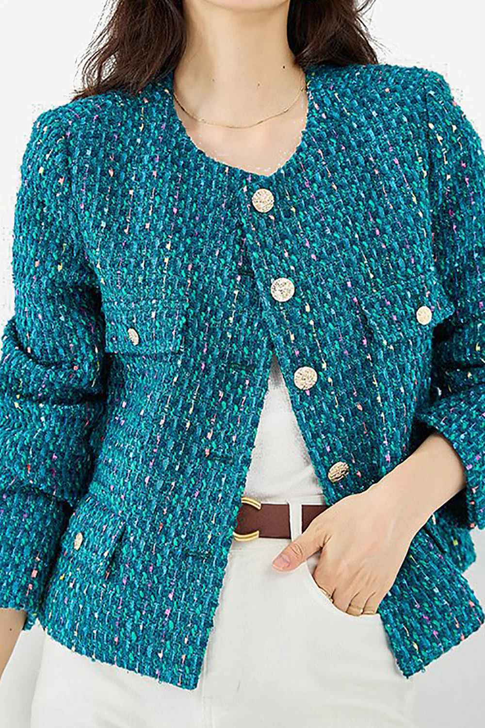 Dark Blue Tweed Open Front Women Jacket - VNBITS