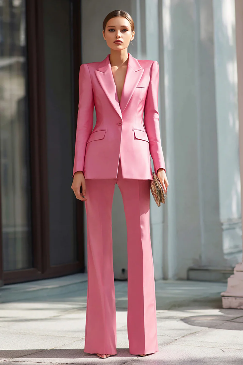 Pink 2 Piece Notched Lapel Flare Leg Business Suits with Sleeves - VNBITS