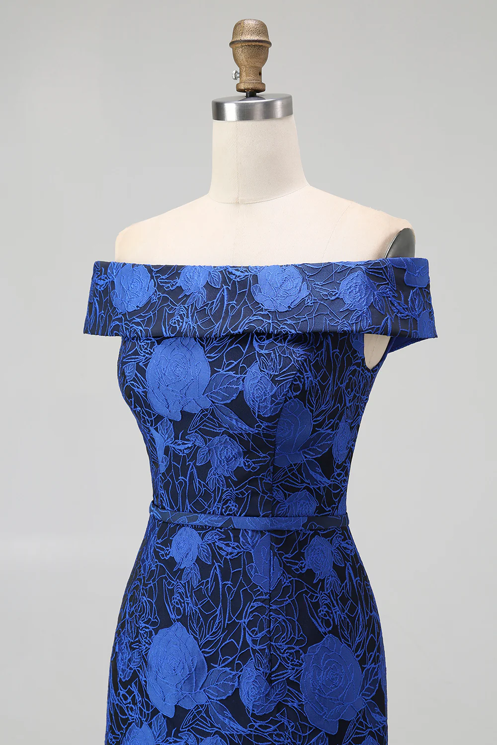 Dark Blue Floral Off the Shoulder Sheath Long Wedding Guest Dress with Slit - VNBITS