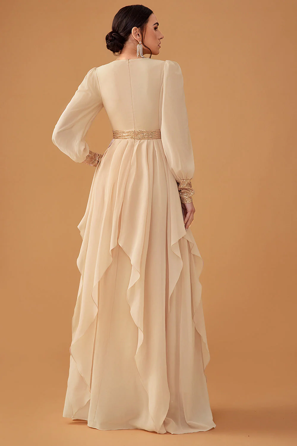 Champagne Ruffles A Line Long Prom Dress with Long Sleeves - VNBITS