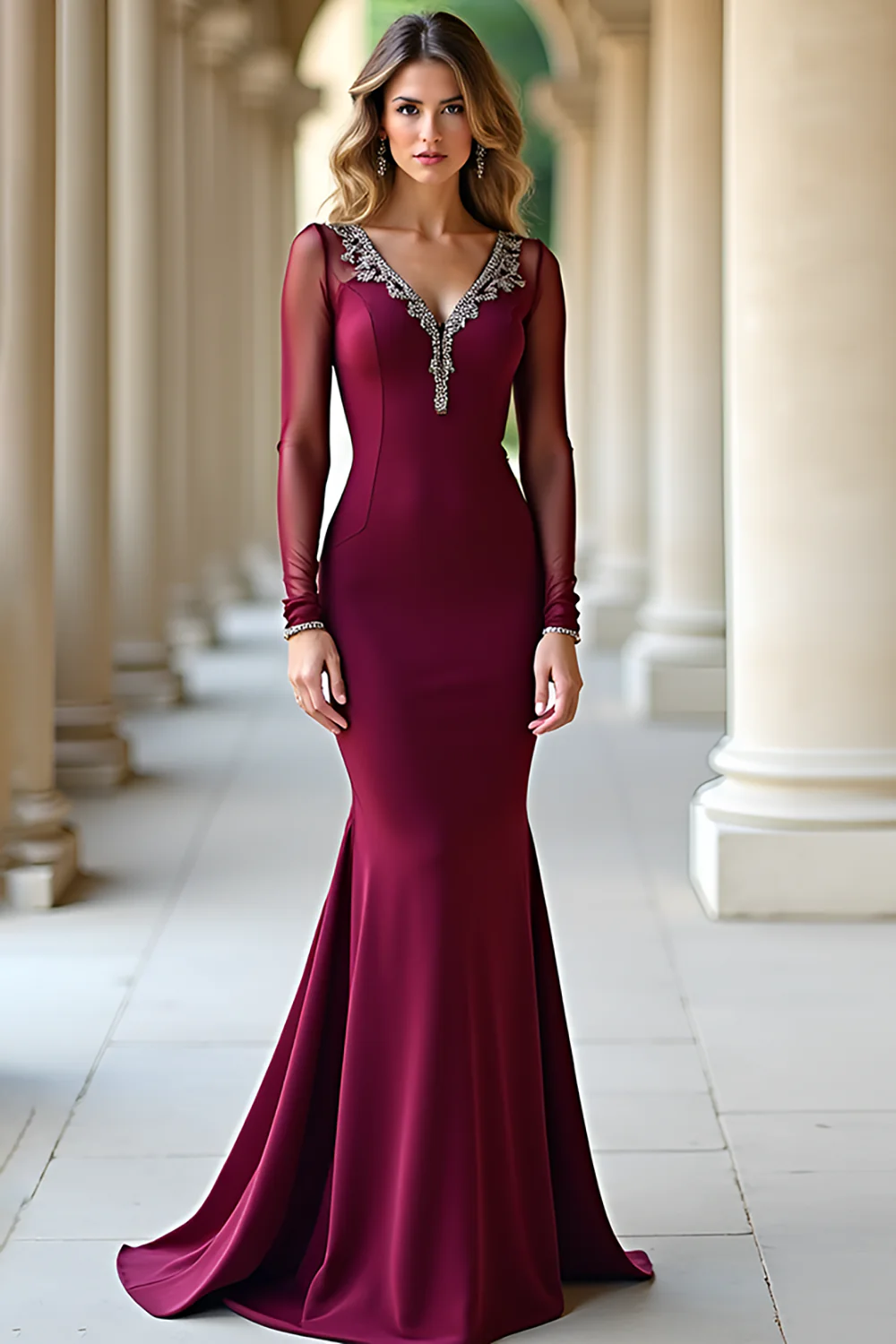 Burgundy Mermaid V-Neck Long Sleeves Prom Dress with Beadings - VNBITS