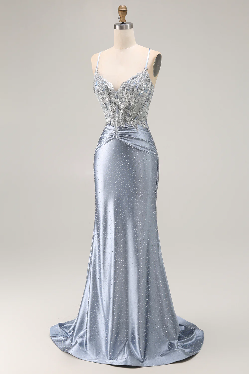 Sparkly Grey Blue Corset Mermaid Beaded Long Prom Dress with Appliques - VNBITS