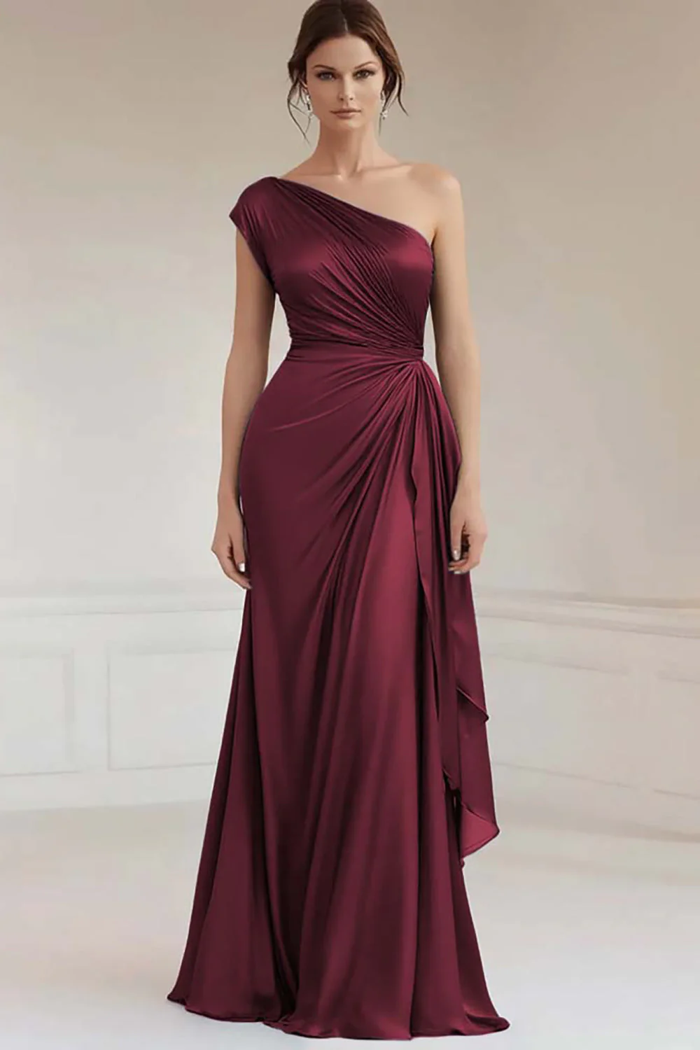 Grey Blue One Shoulder Sheath Long Ruched Formal Dress - VNBITS