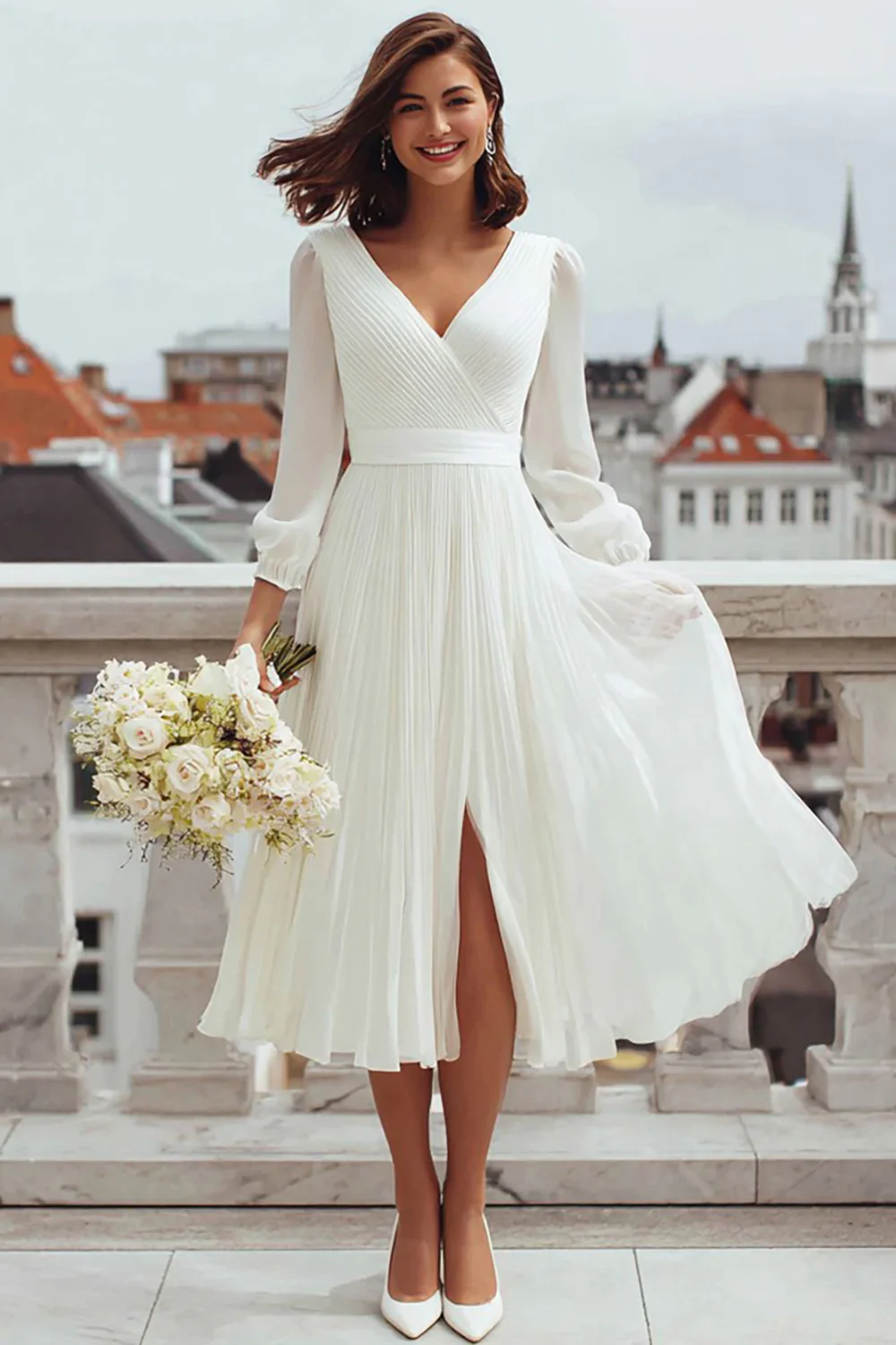 Ivory A Line V-Neck Midi Engagement Dress with Slit - VNBITS
