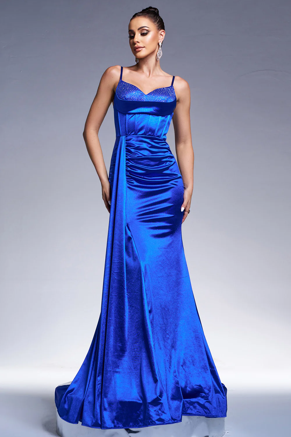 Royal Blue Mermaid Corset Satin Long Prom Dress with Beading - VNBITS