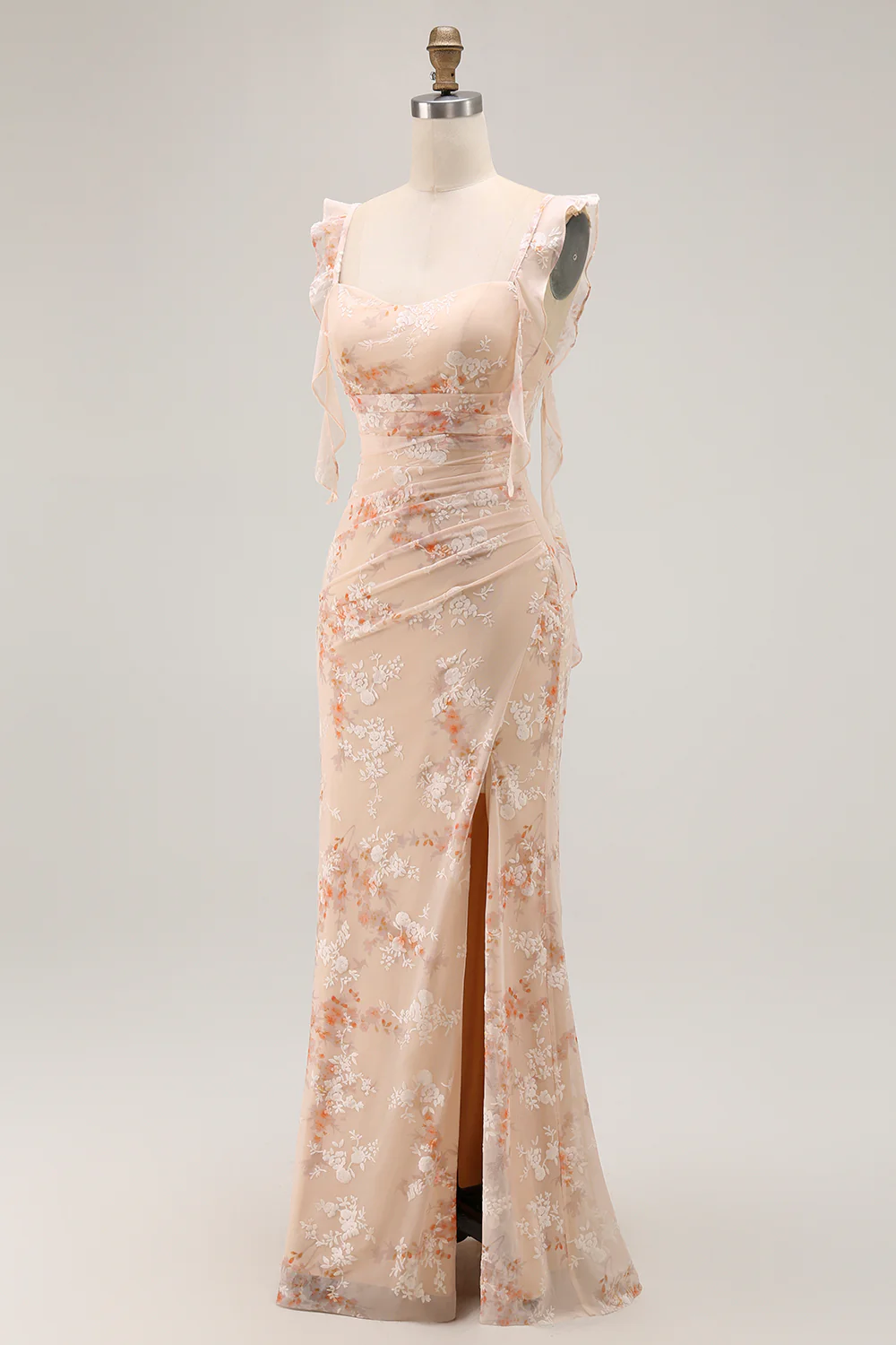 Champagne Mermaid Floral Long Bridesmaid Dress with Slit - VNBITS