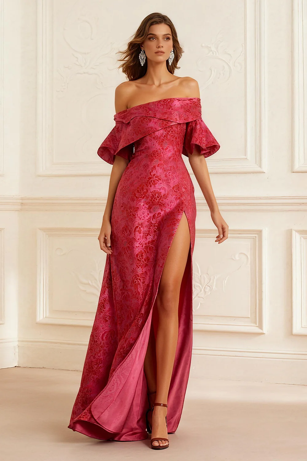 Rust Jacquard Sheath Off the Shoulder Long Prom Dress with Slit - VNBITS