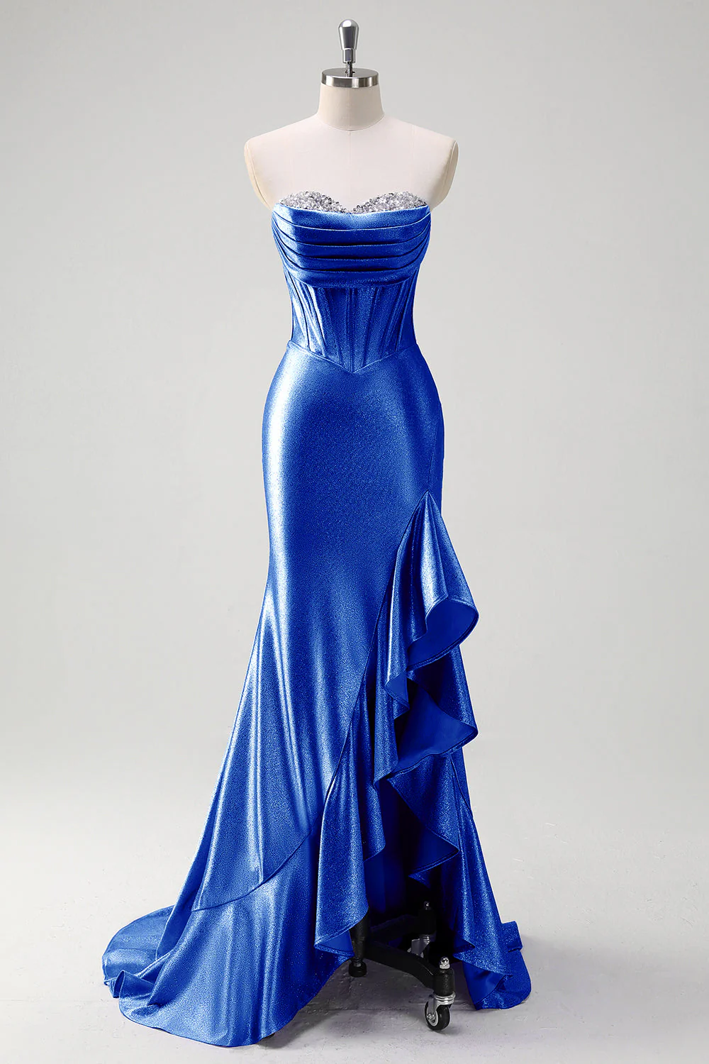 Sparkly Grey Blue Sweetheart Mermaid Long Prom Dress with Ruffles - VNBITS