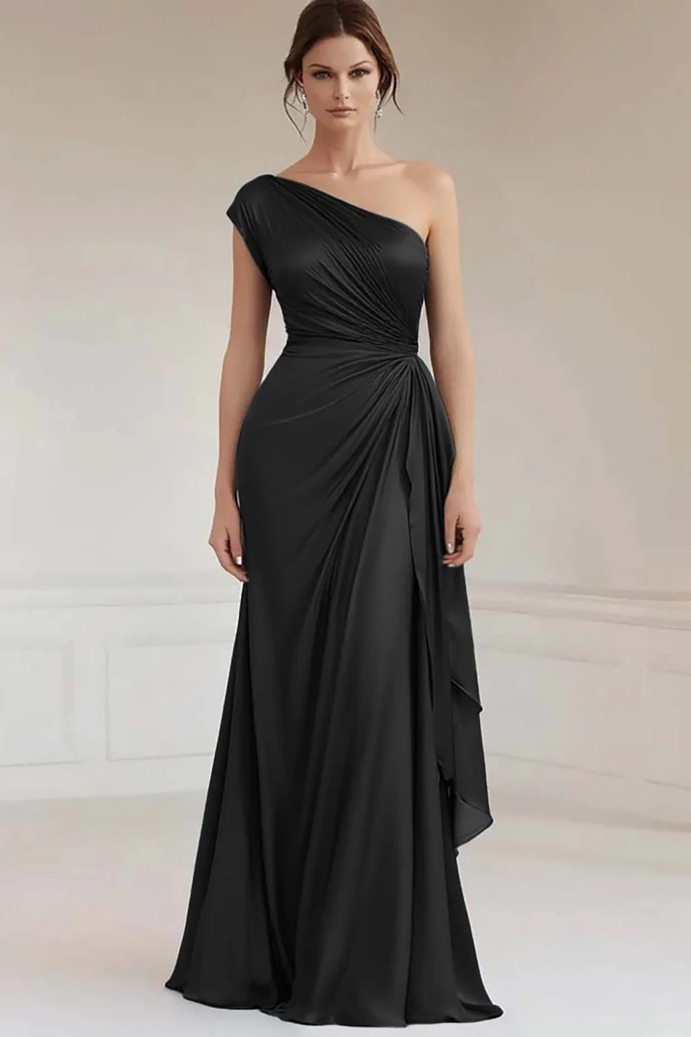 Grey Blue One Shoulder Sheath Long Ruched Formal Dress - VNBITS