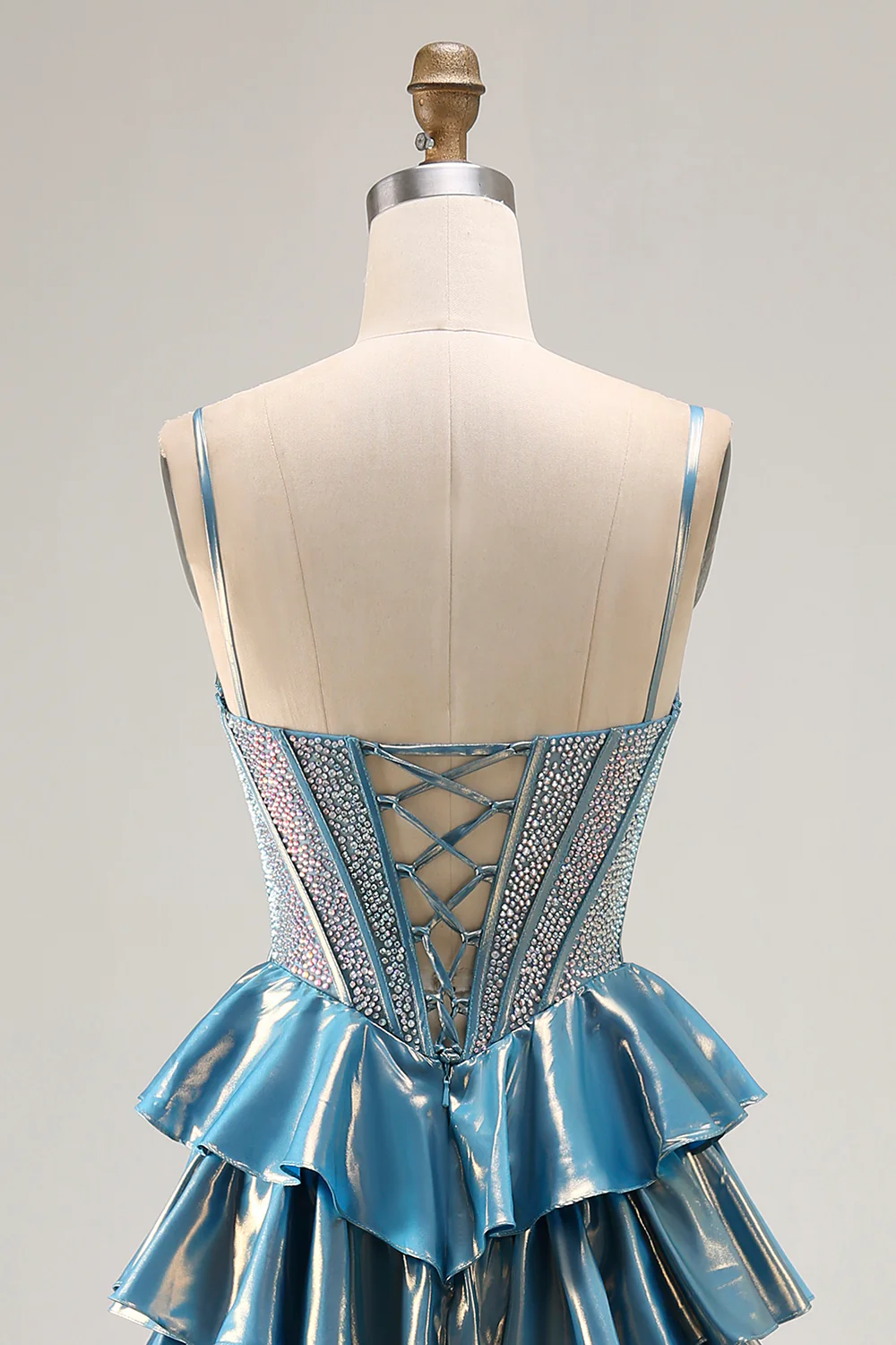 Sparkly Blue Ruffled Metallic Corset Beaded Long Prom Dress with Bow - VNBITS