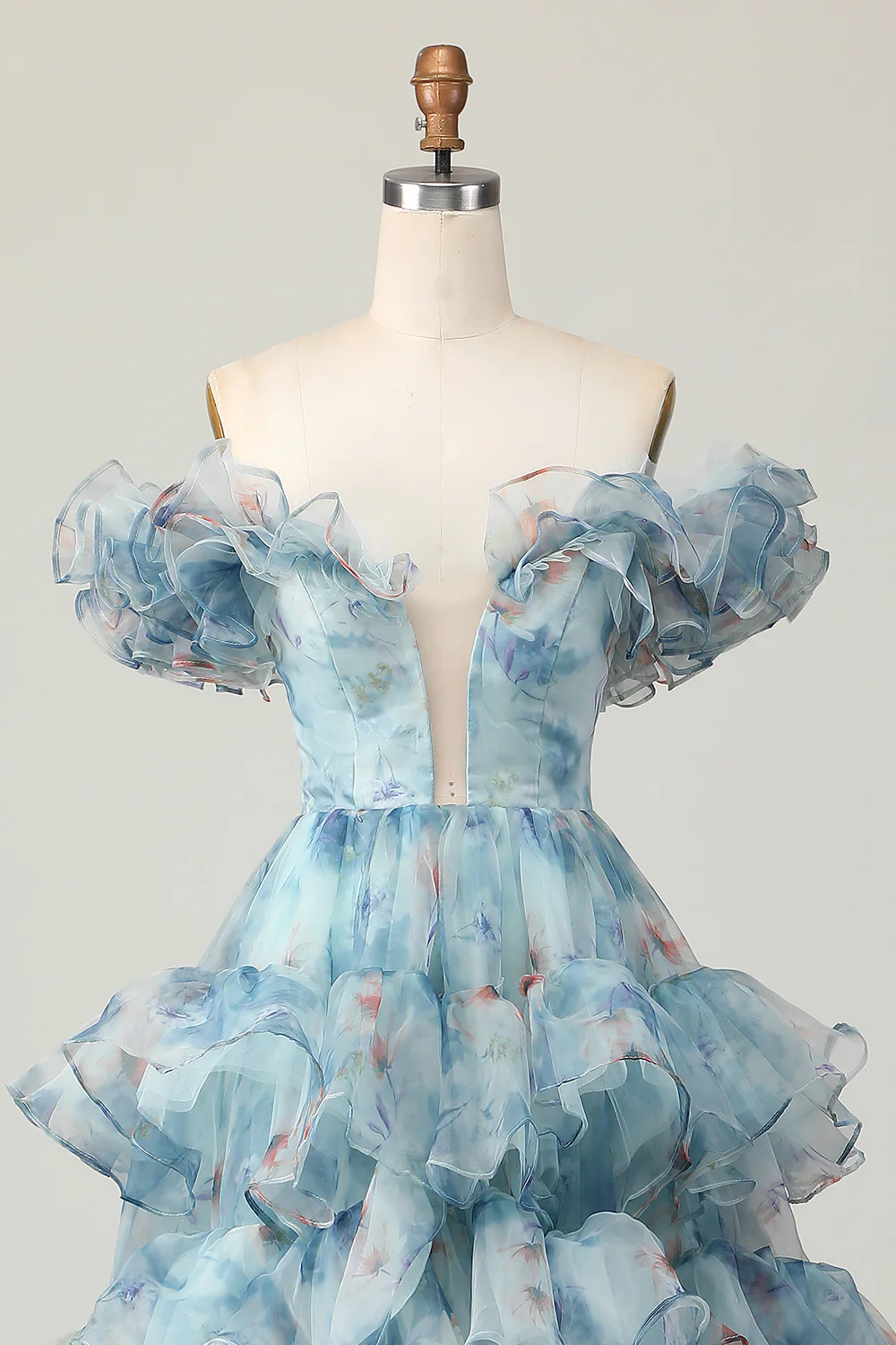 Floral Blue Off the Shoulder A Line Long Prom Dress with Ruffled - VNBITS