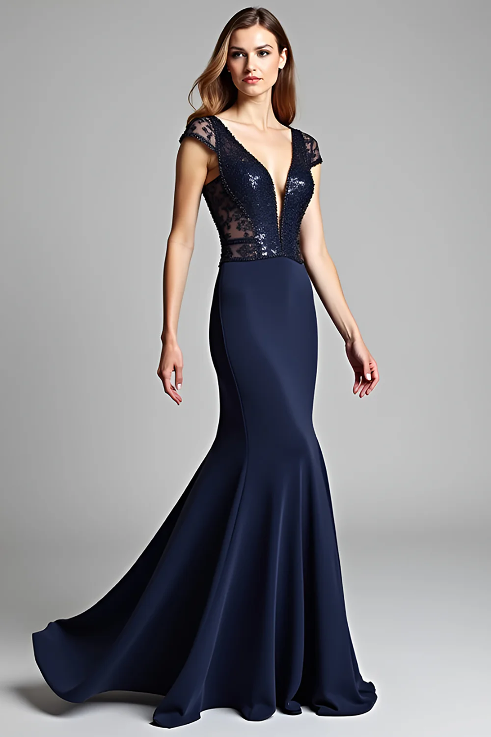 Mermaid Navy Deep V-Neck Long Formal Dress with Cap Sleeves - VNBITS