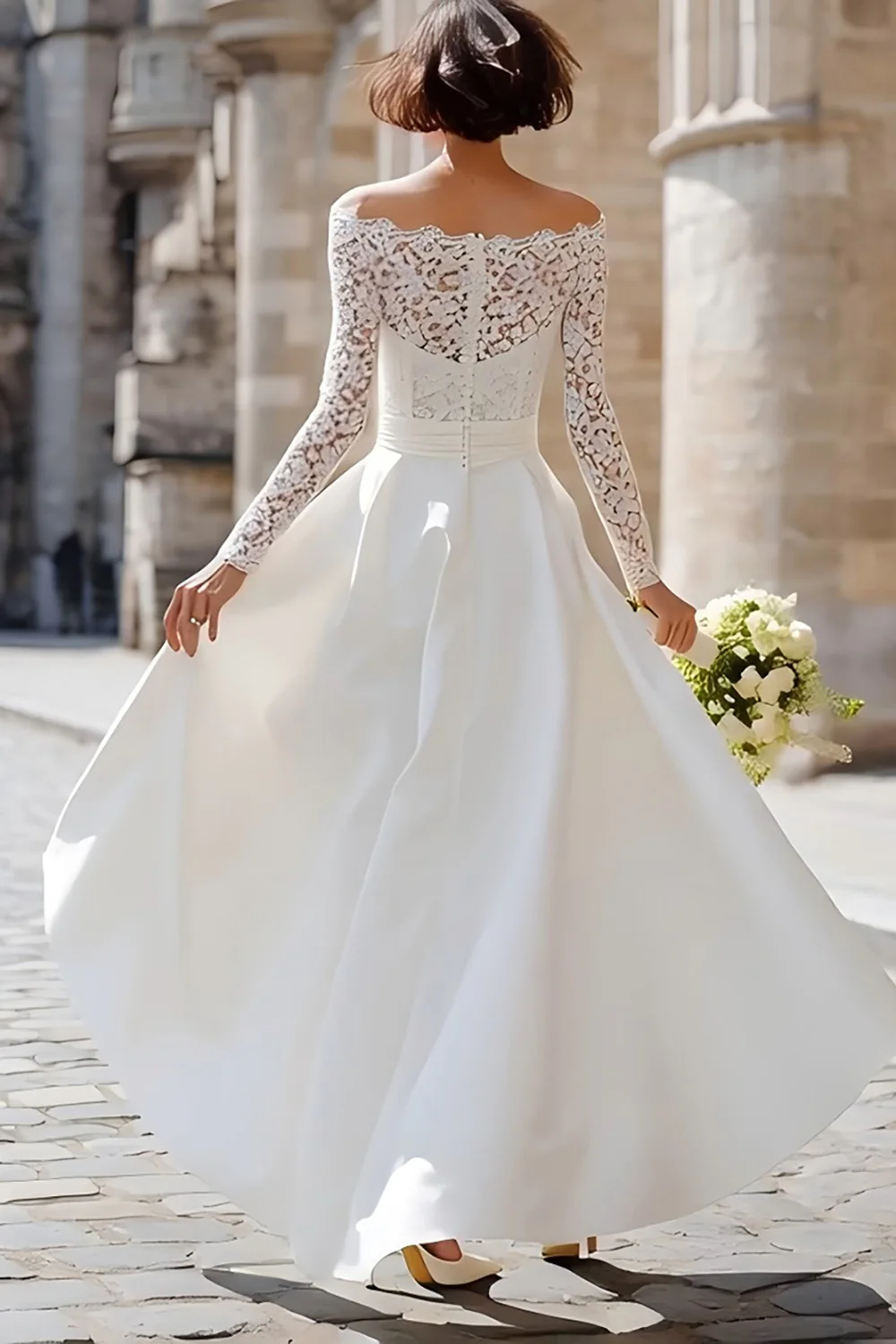 Ivory Off the Shoulder High Low Boho Wedding Dress with Lace - VNBITS