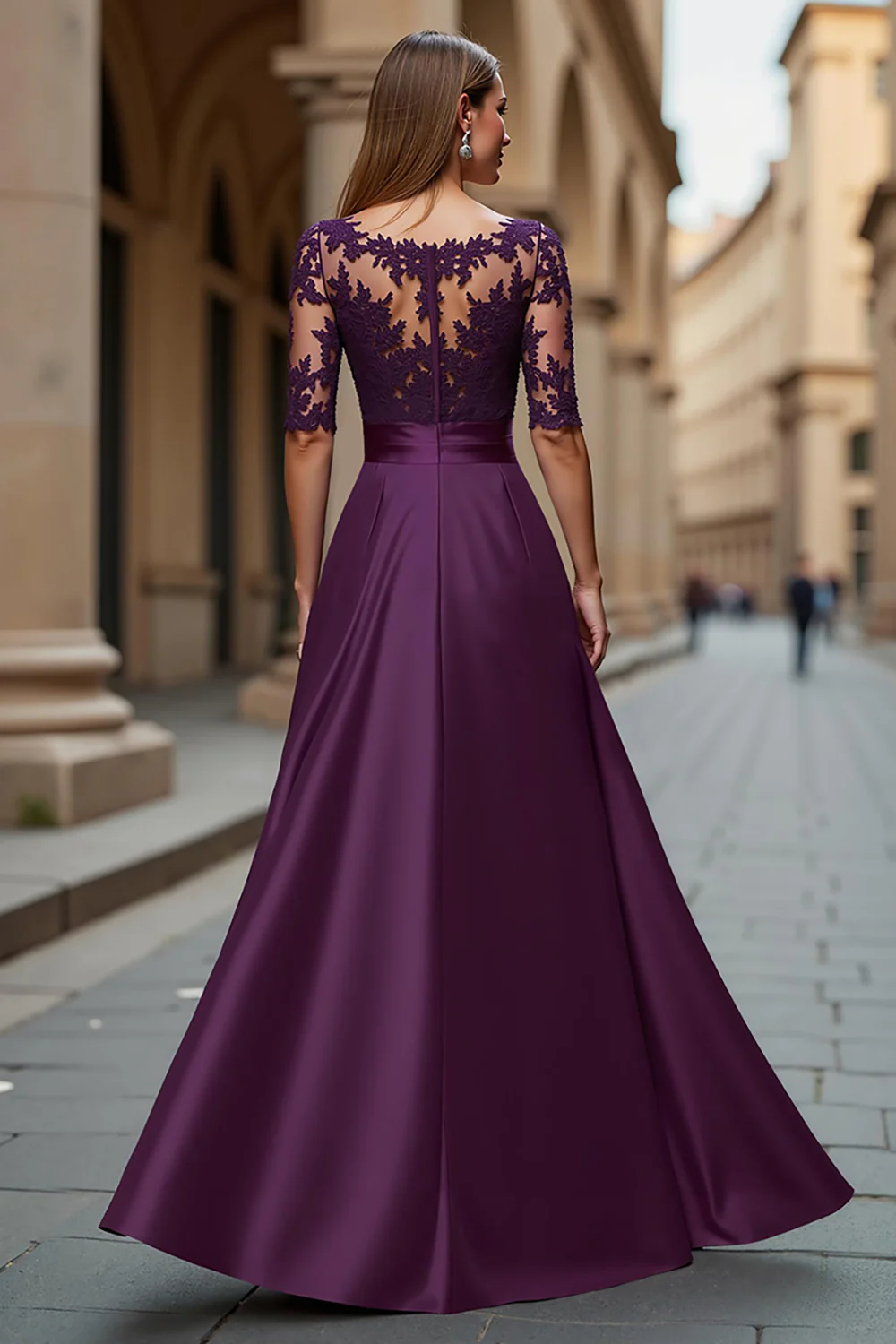 Grape Satin Illusion Boat Neck Long Mother of the Bride Dress with Lace - VNBITS