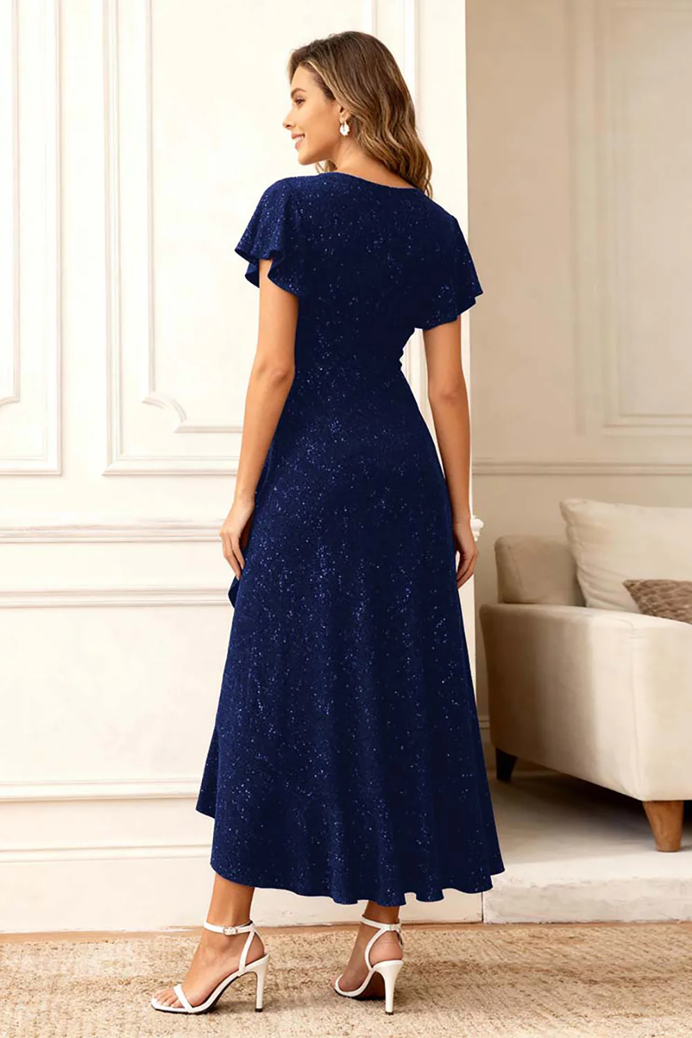 Black Round Neck Midi Glitter Holiday Party Dress with Sleeves - VNBITS