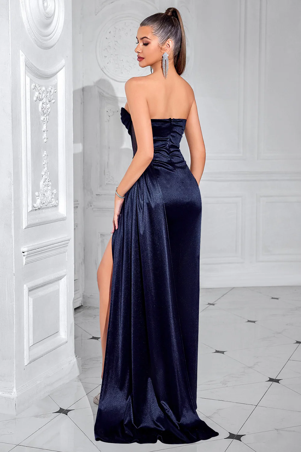 Navy Corset Strapless Mermaid Long Prom Dress with Slit - VNBITS