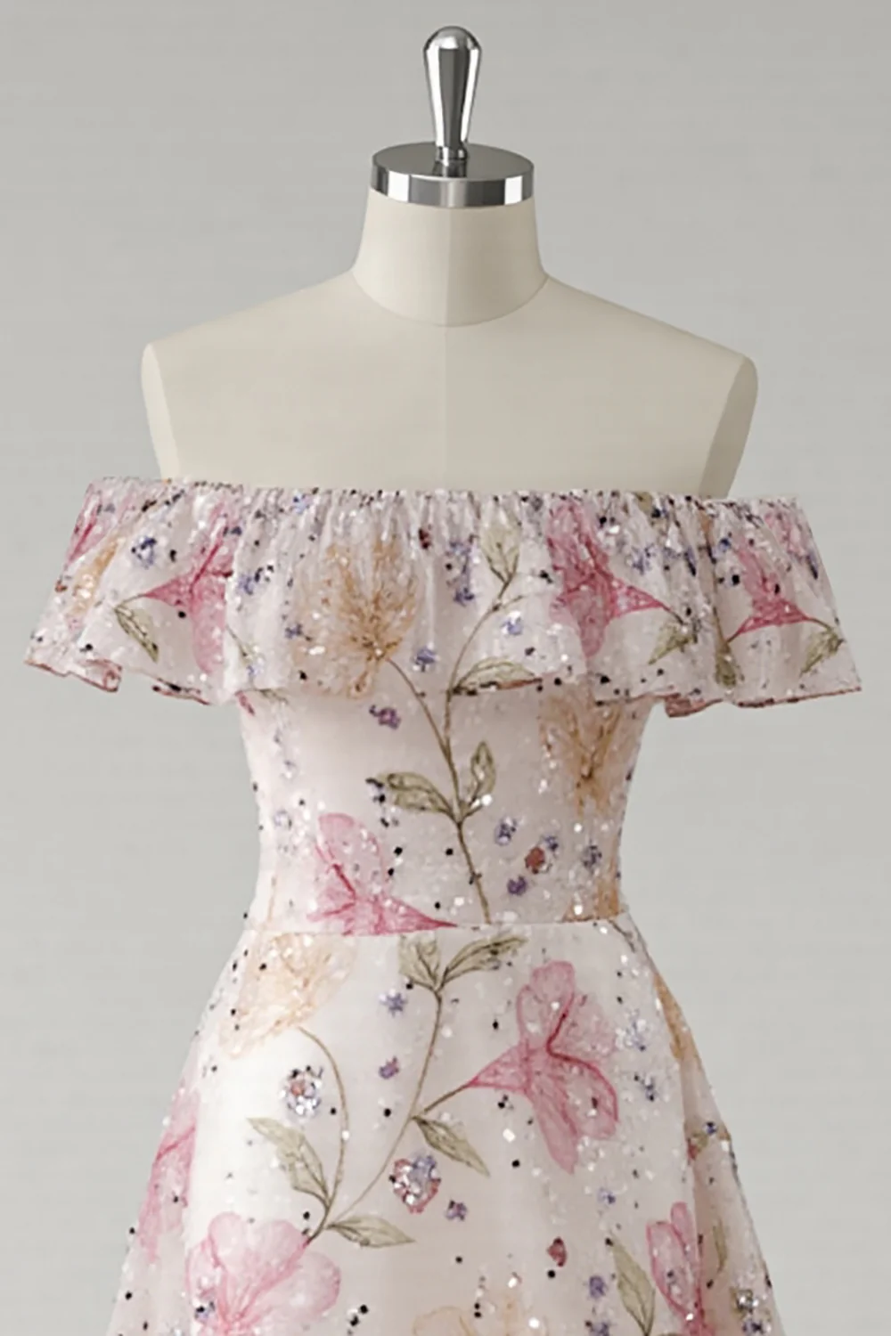 Sparkly Pink Off the Shoulder Floral A Line Long Prom Dress with Ruffles - VNBITS