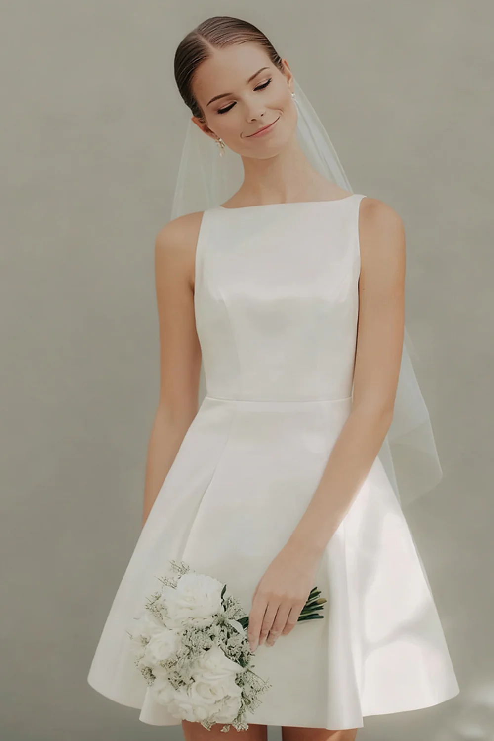 White A Line Satin Bateau Neck Short Wedding Dress - VNBITS