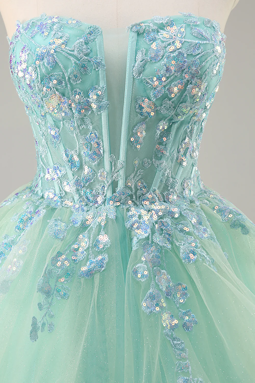 Sparkly Green Corset Strapless Long Prom Dress with Ruffles - VNBITS