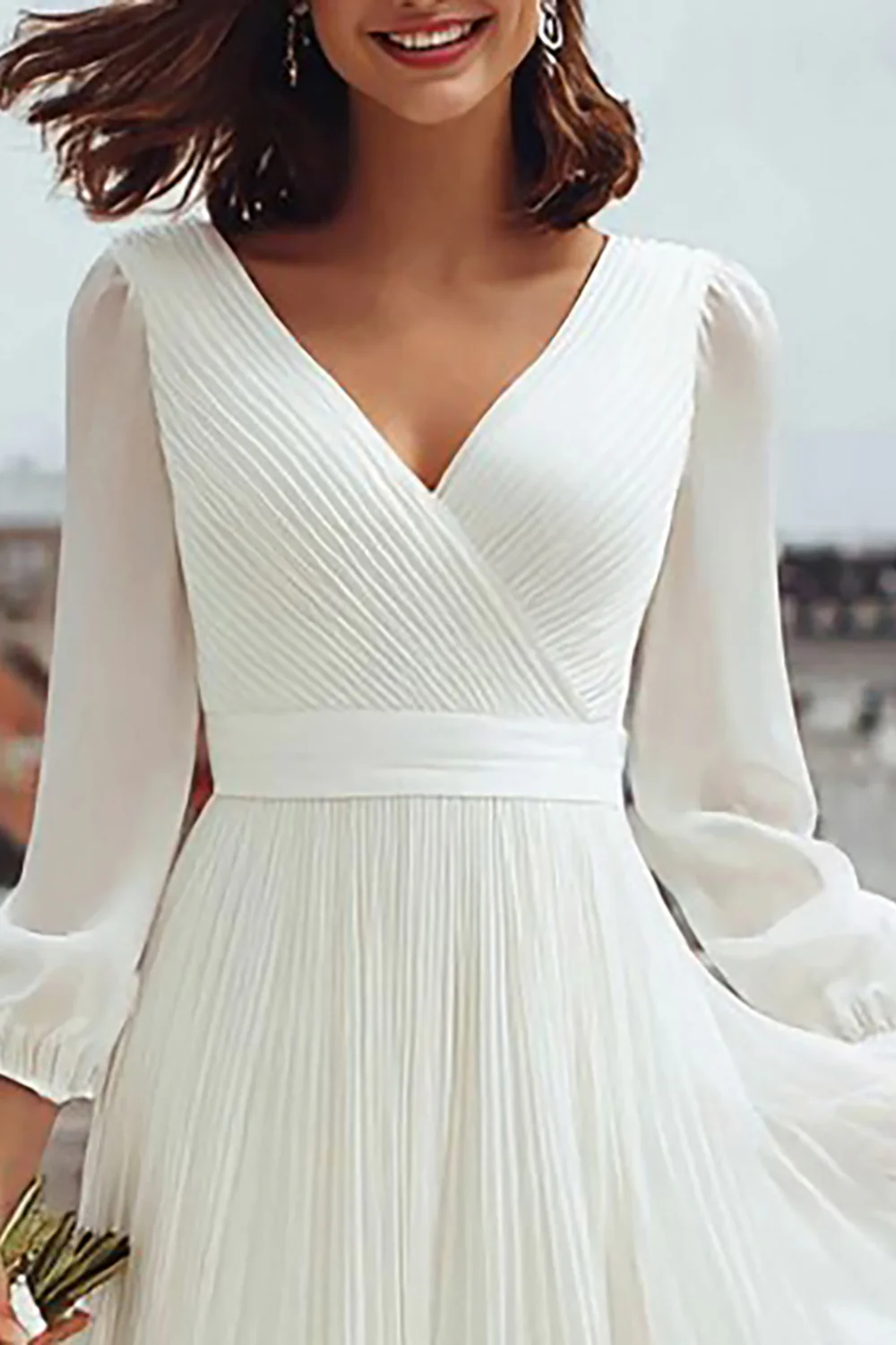 Ivory A Line V-Neck Midi Engagement Dress with Slit - VNBITS
