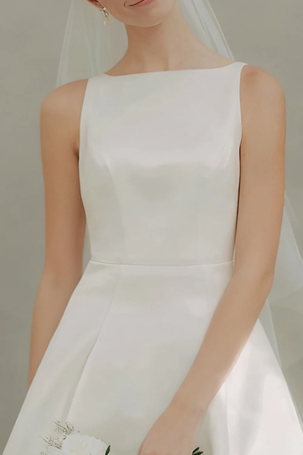 White A Line Satin Bateau Neck Short Wedding Dress - VNBITS