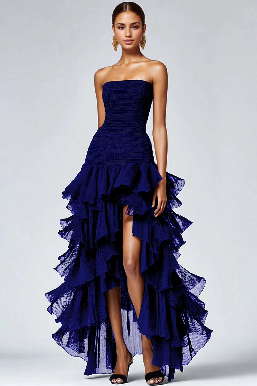 A Line Black Strapless Tiered Formal Dress with Slit - VNBITS