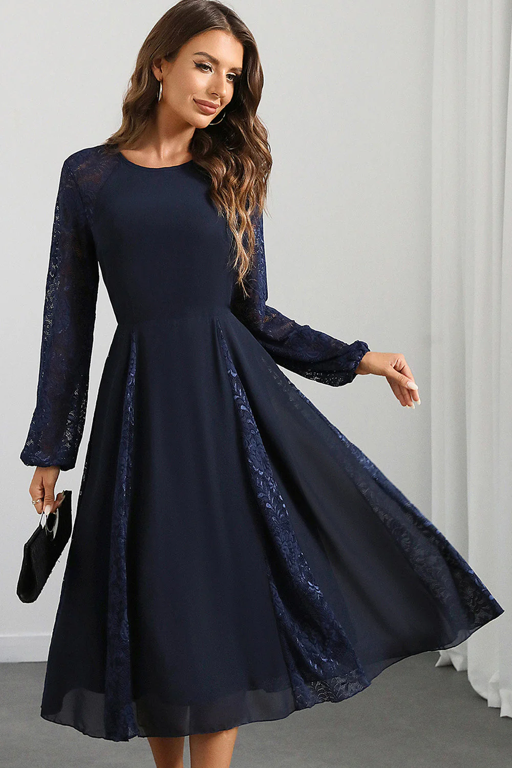 Navy A Line Round Neck Long Prom Dress with Long Sleeves - VNBITS