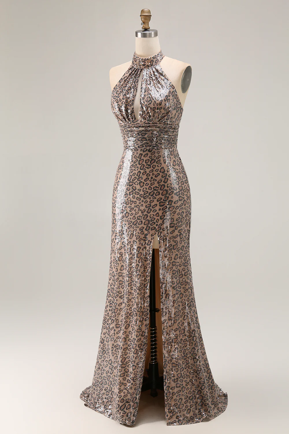 Sparkly Golden Leopard Keyhole Mermaid Sequin Long Prom Dress with Slit - VNBITS