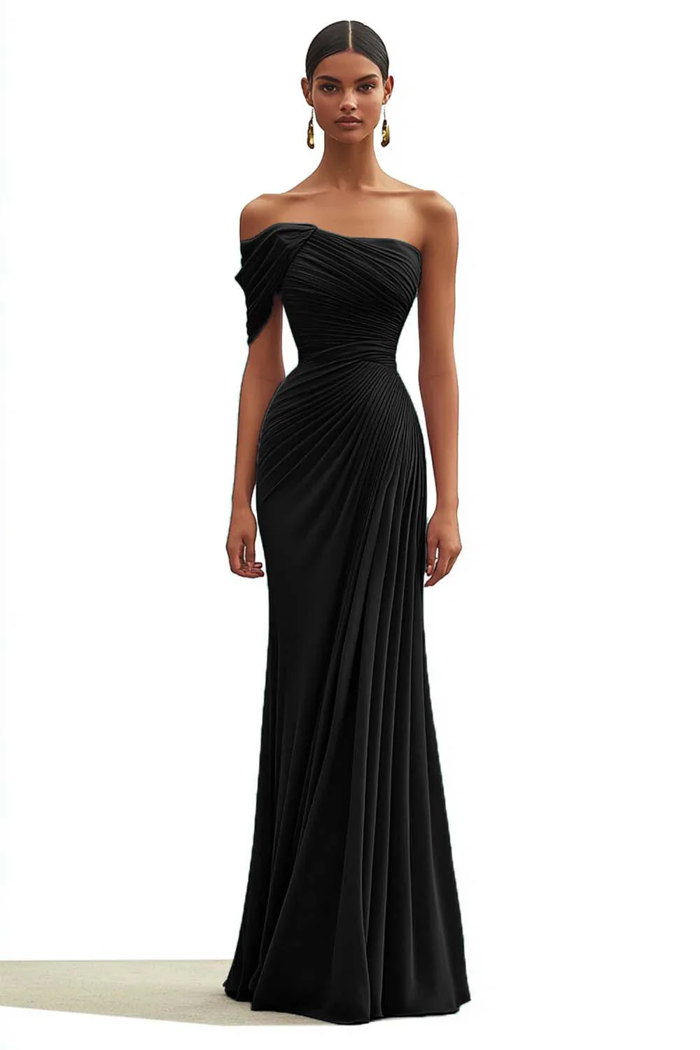 Mermaid Dark Green One Shoulder Pleated Long Formal Dress - VNBITS