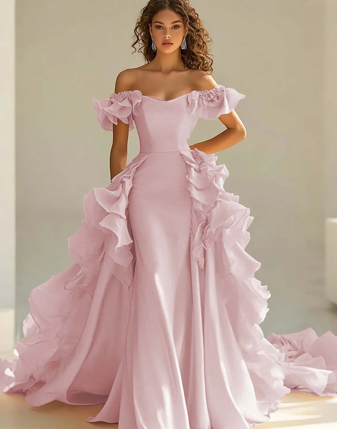 Yellow Satin Long Off the Shoulder Prom Dress with Ruffles - VNBITS