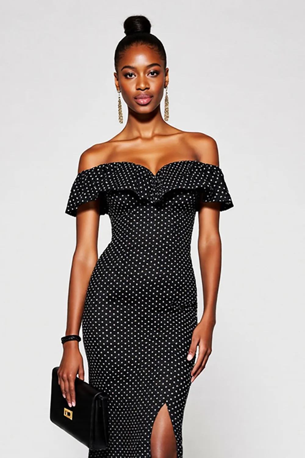 Black and White Off the Shoulder Maxi Mermaid Polka Dot Dress with Slit - VNBITS