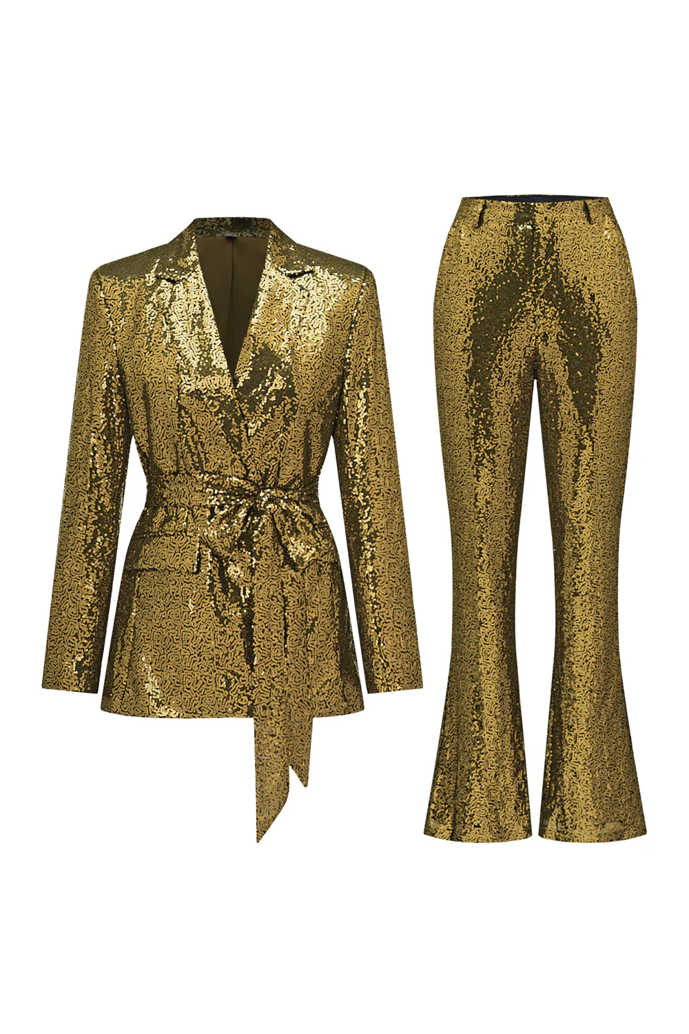 Sparkly Green Sequins Notched Lapel Women Suits with Belt - VNBITS