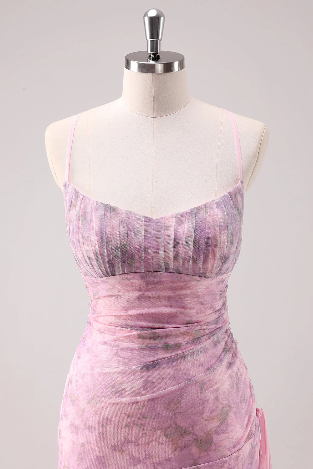 Pink Floral Spaghetti Straps Sheath Long Prom Dress - VNBITS