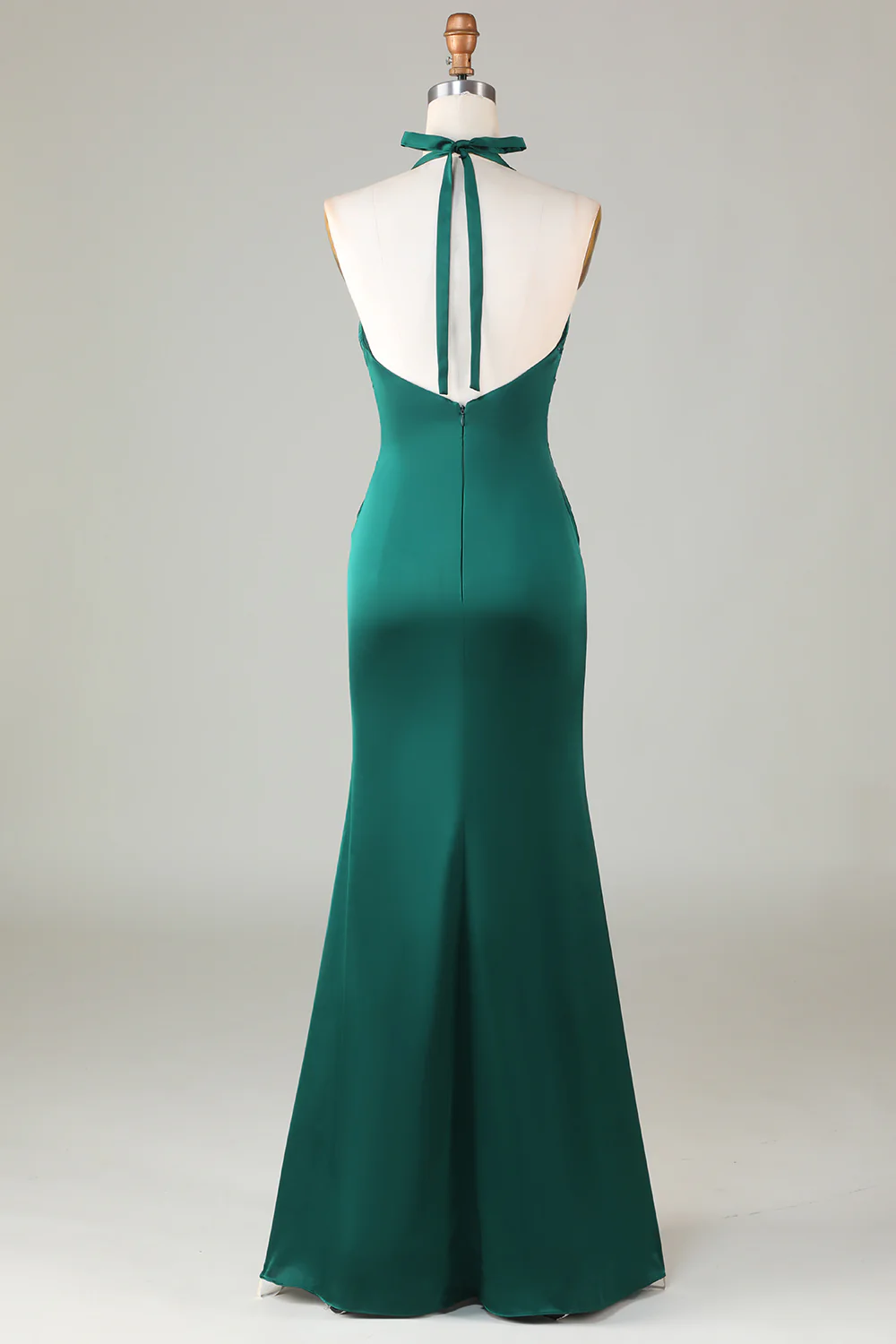 Mermaid Halter Dark Green Long Satin Bridesmaid Dress - VNBITS