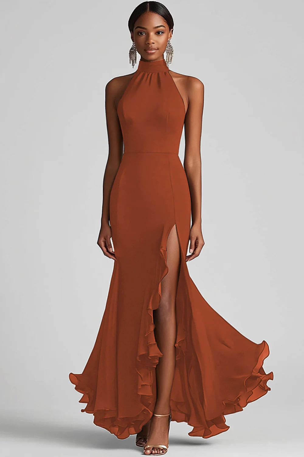 Halter Neck Black Ruffled Mermaid Long Formal Dress with Slit - VNBITS