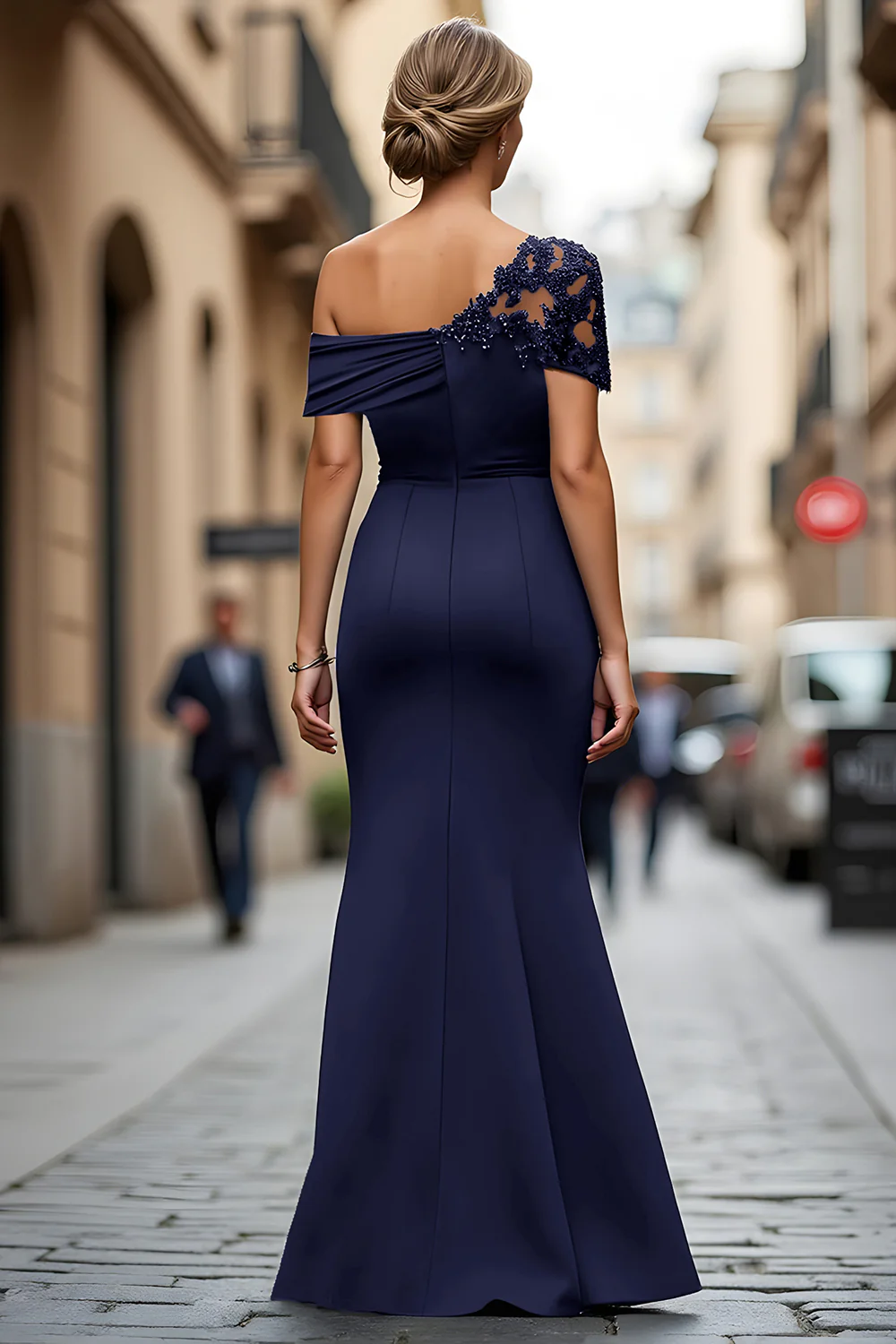 Black One Shoulder Sheath Long Mother of the Bride Dress with Appliques - VNBITS