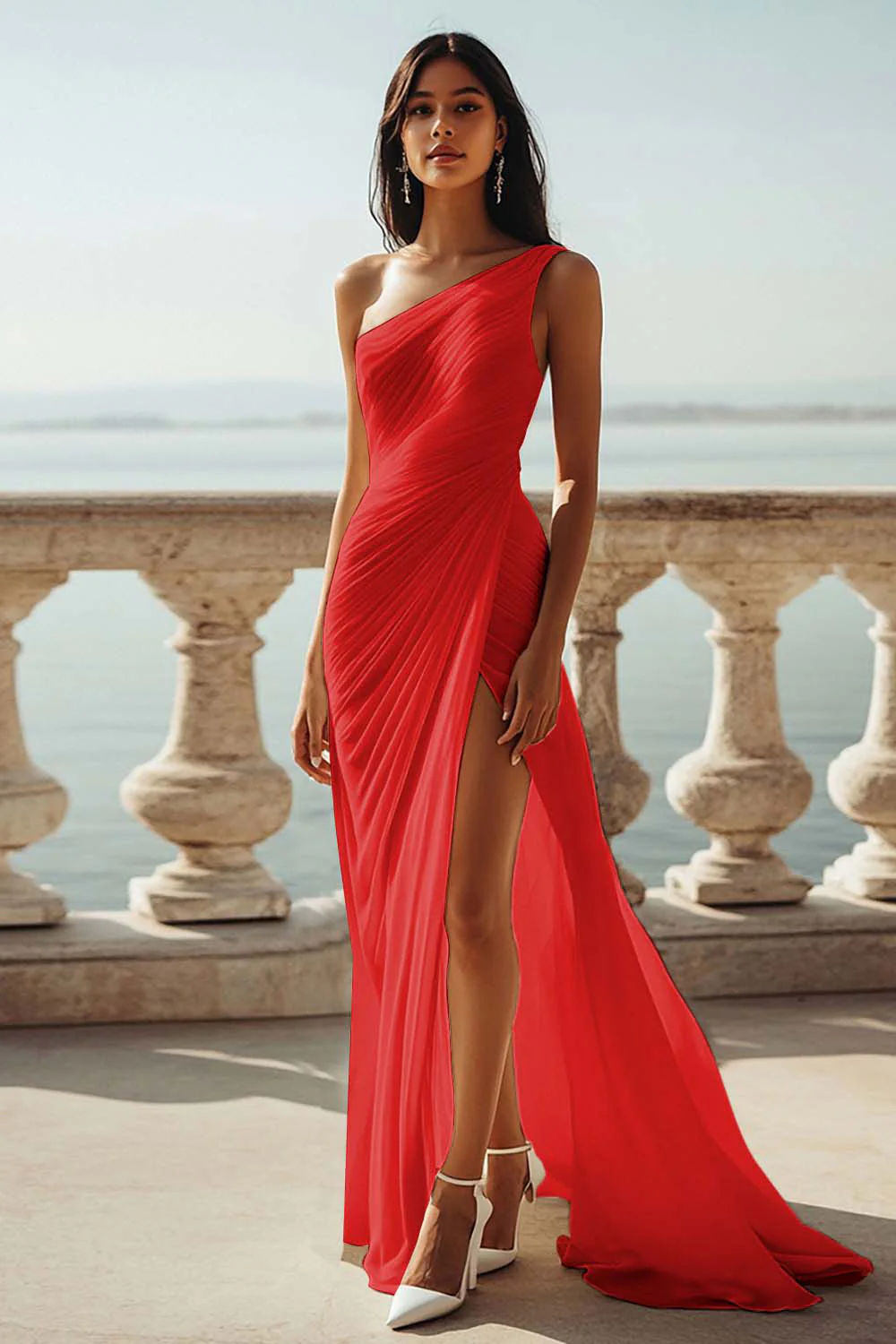 Dusty Blue Chiffon One Shoulder Beach Long Formal Dress with Slit - VNBITS