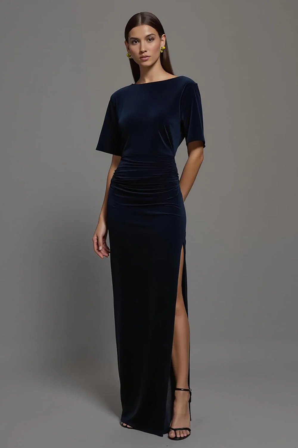 Navy Velvet Bateau Neck Sheath Long Formal Dress with Sleeves - VNBITS