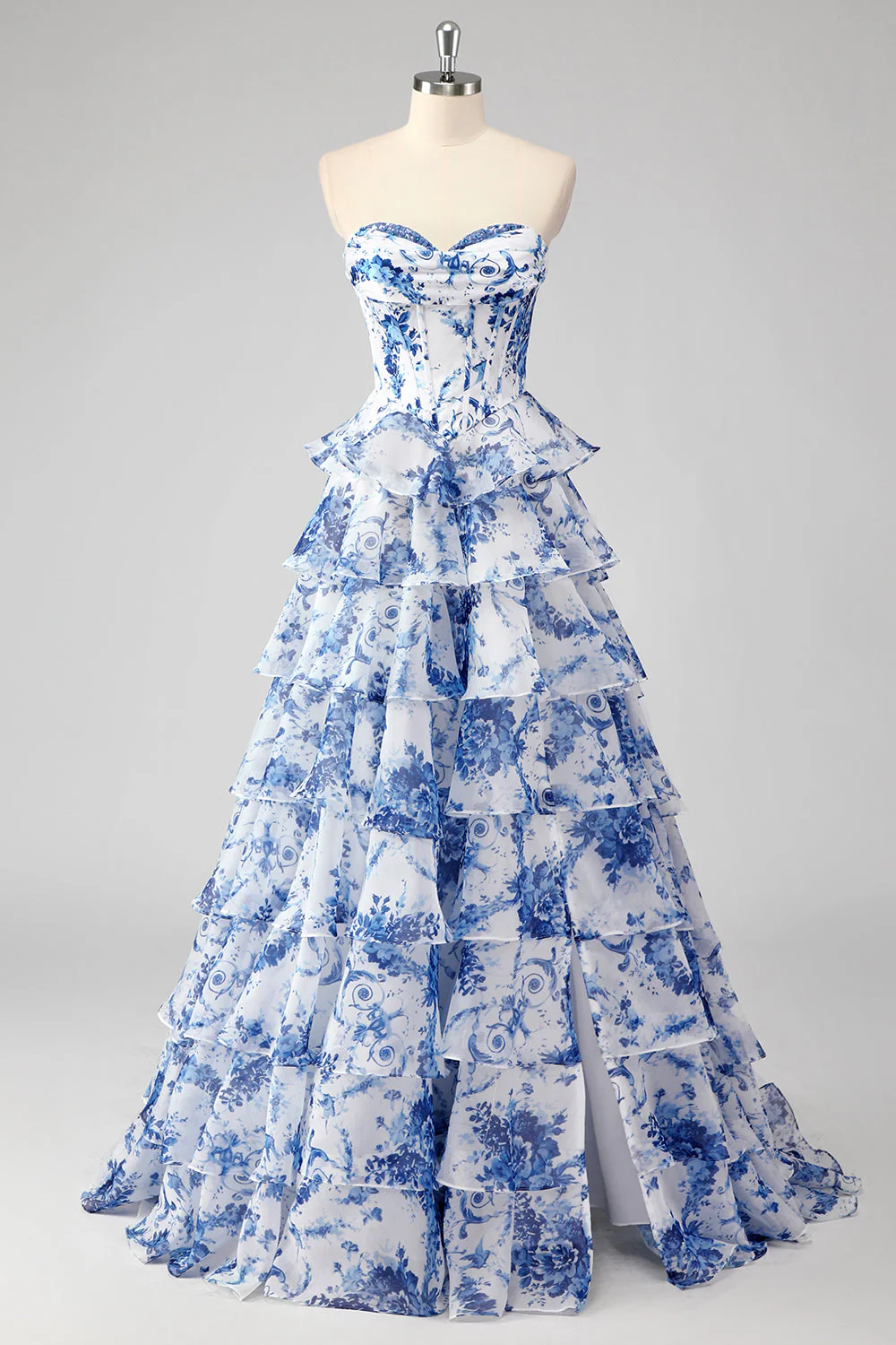 Blue White Flower A-Line Sweetheart Tiered Long Prom Dress with Slit - VNBITS