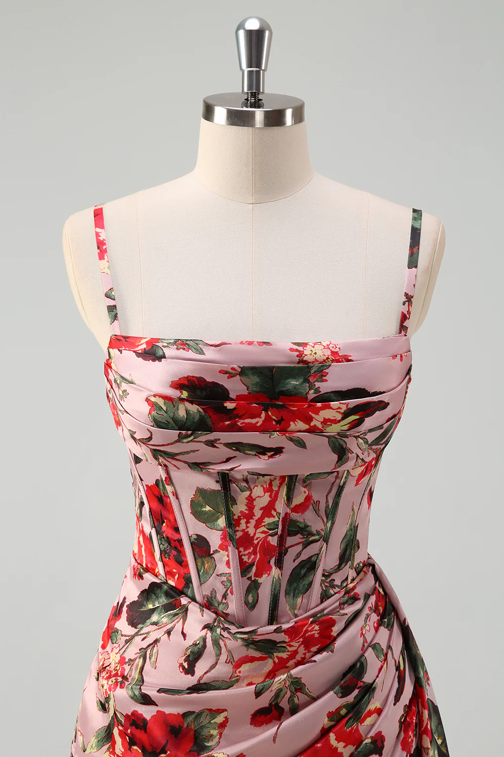 Pink Red Floral Spaghetti Straps Prom Dress with Slit - VNBITS