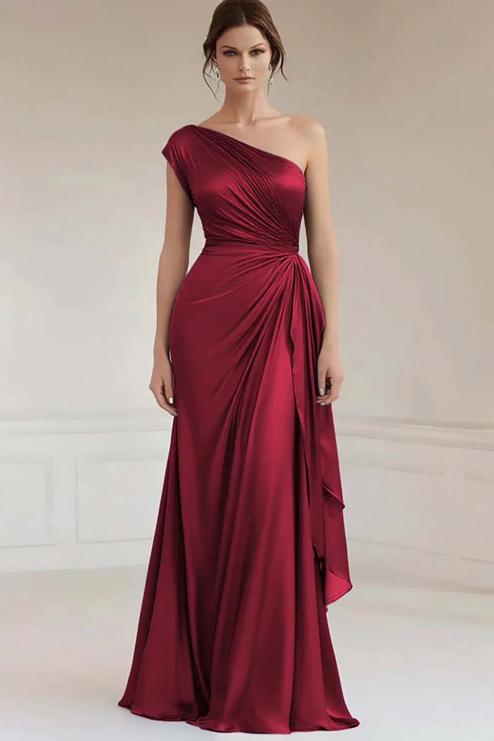 Grey Blue One Shoulder Sheath Long Ruched Formal Dress - VNBITS